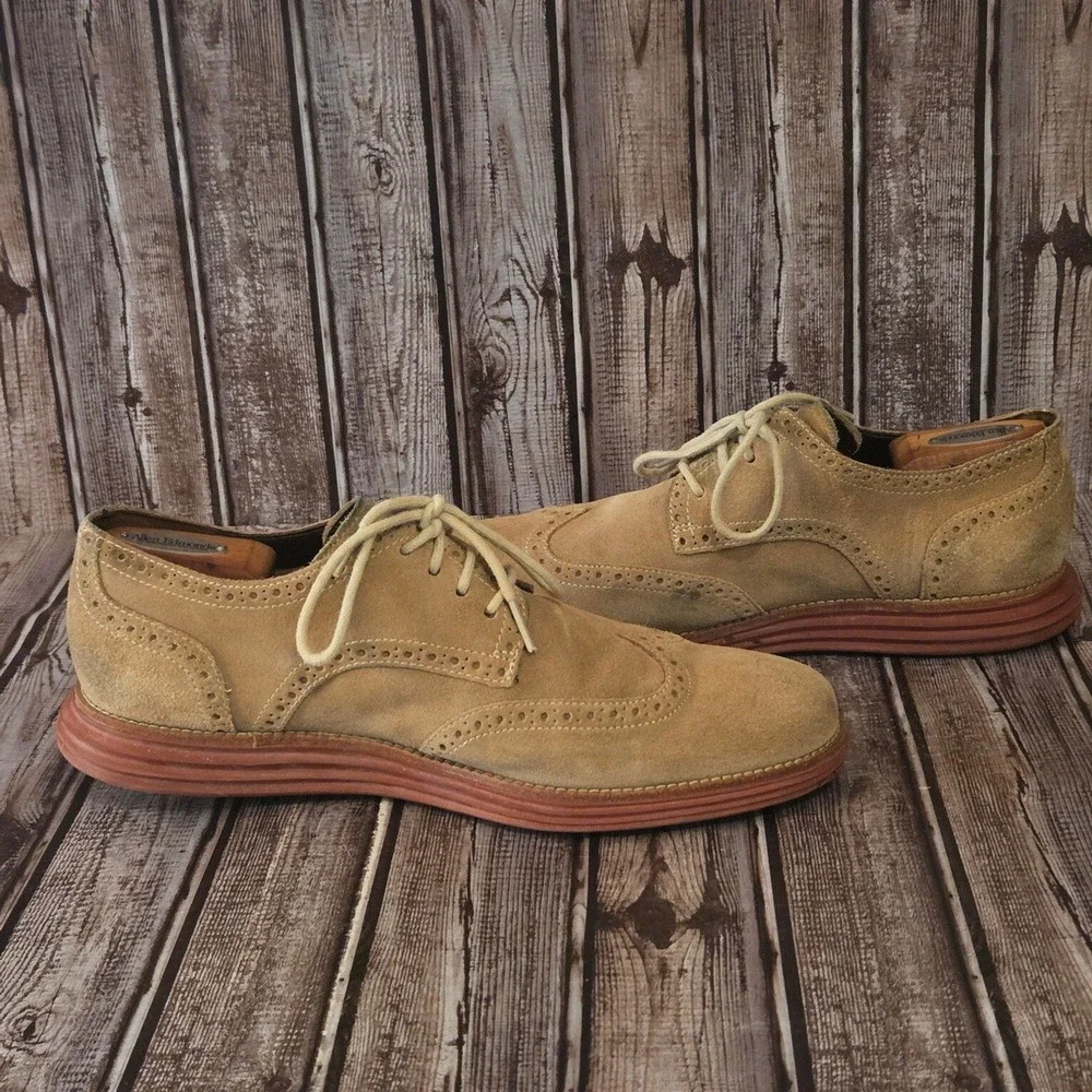 Sz 11 M Mens Cole Haan Lunargrand Tan Suede Wingtip Oxford Shoes C10228